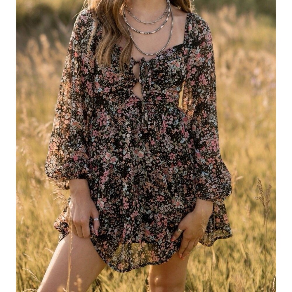 Allison + Kelly Black Pink Floral Cutout Detail Long Sleeve Mini Dress Womens S